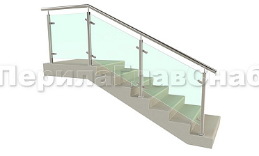 Ограждение лестницы с квадратными стойками и пластинчатыми стеклодержателями купить в Казани