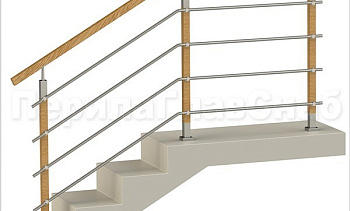 Четыре ригеля на держателях, квадратный деревянный поручень и стойки с деревянными вставками в Казани. Готовые проекты ПерилаГлавСнаб